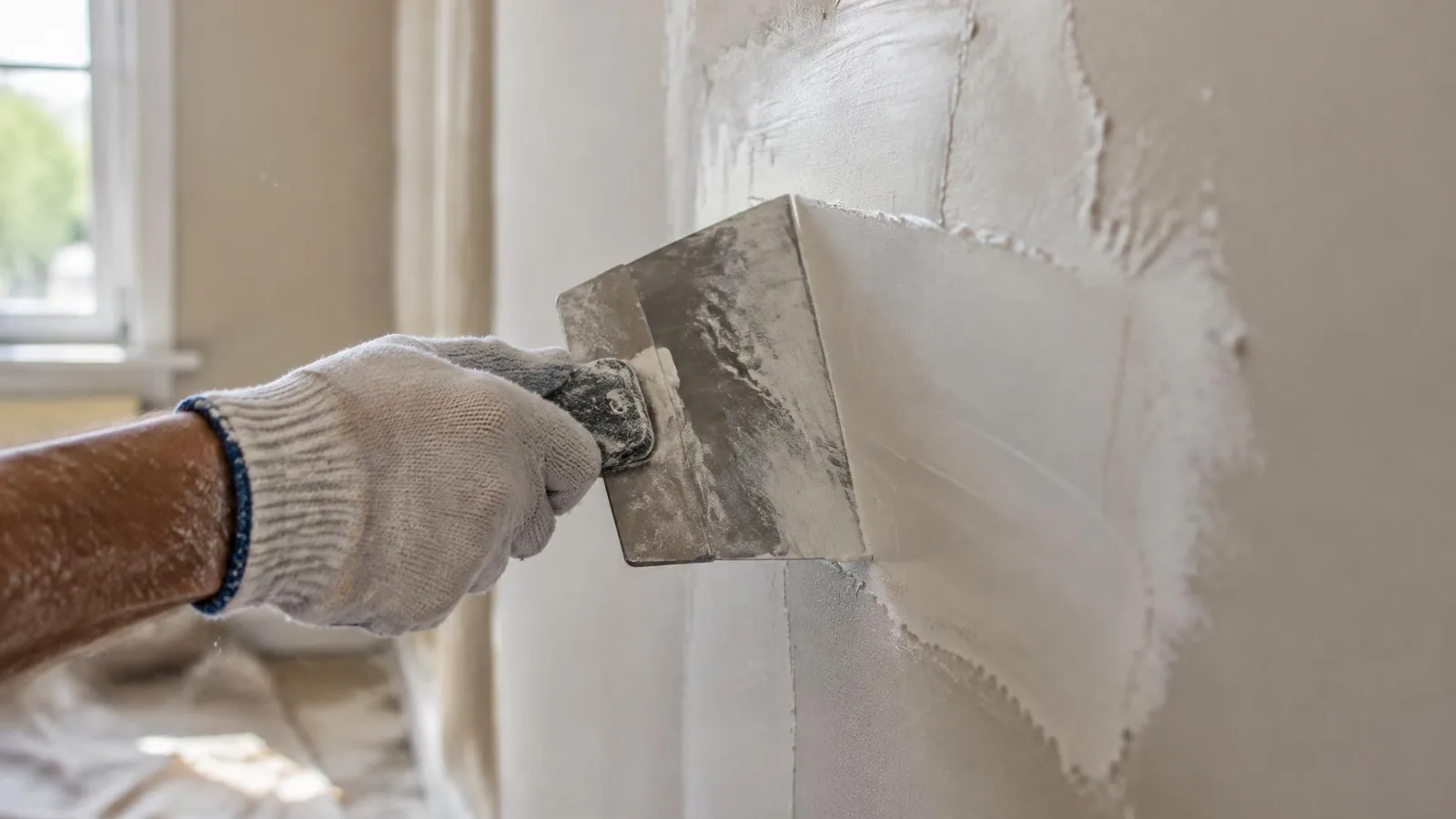 A gloved hand spreading joint compound over a patched drywall section with a taping knife